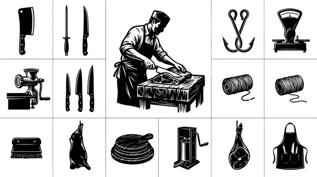 Butchery Meat Shop Tools and Equipment Black and White Engraved Vector Icons Set