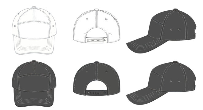 Set of baseball cap designs showing front, back, and side views.