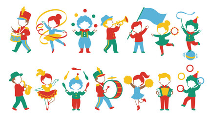 Fototapeta premium Flat Vector Cartoon Kids Performing Arts Set with Music, Dance, Circus Instruments