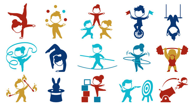 Circus Entertainment Flat Glyph Icons: Performers, Acrobats, Magicians  Show Acts