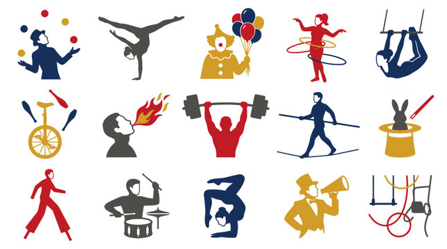 Circus Performance Icons - Acrobat, Juggler, Fire Eater, Magician