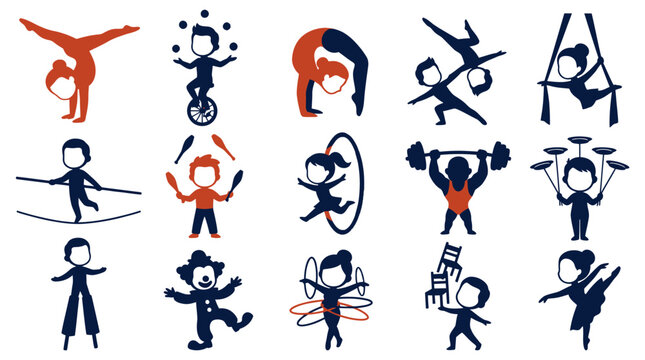 Circus Performance Vector Icons: Gymnastics, Juggling, Acrobatics, Strength, Aerial Dance