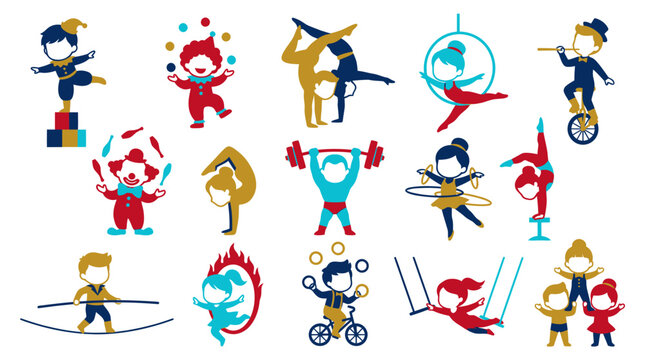 Cute Flat Style Kids Circus Performers Vector Set: Acrobats, Clowns  Entertainment Acts