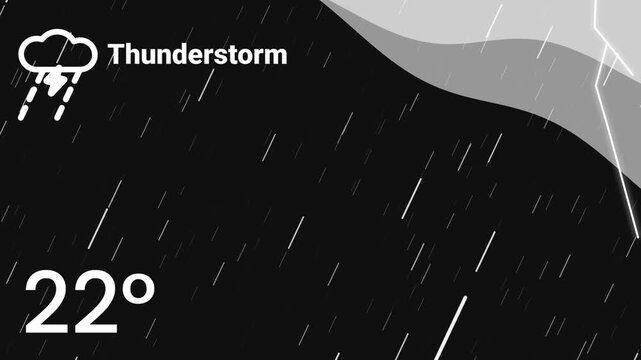 A thunderstorm weather widget with a dramatic dark background showing lightning bolt effects and storm cloud icons with a temperature of 20 degrees Celsius