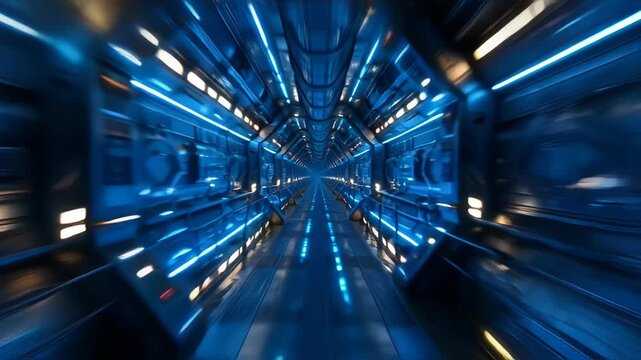Futuristic blue tunnel corridor with glowing light, motion blur, perspective speed, technology abstract symmetry, metallic interior, sci fi passage and transit view