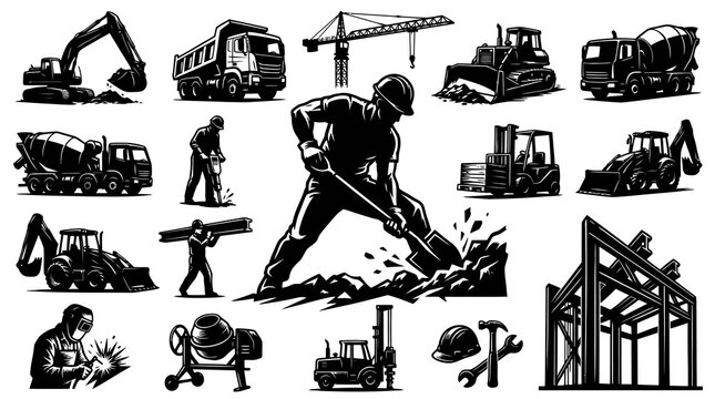 Heavy Construction Equipment, Workers  Building Tools Black and White Vector Illustrations Set