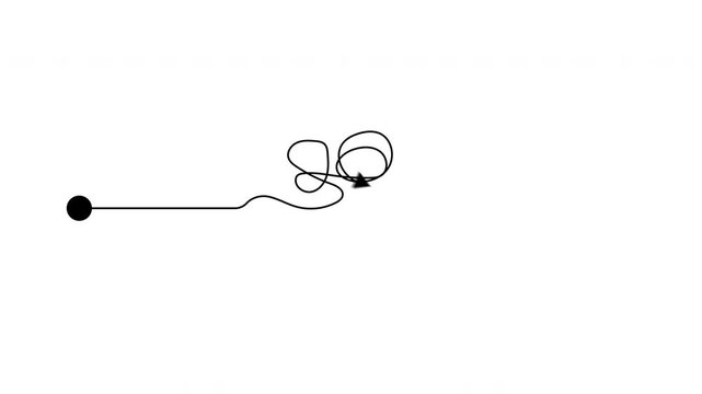 Continuous line arrow with tangled path symbolizing problem solving and progress, abstract minimalist line art on transparent background, alpha channel, 4K horizontal video