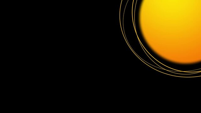 A minimalist weather widget showing a glowing golden sun sphere on a dark black background representing a clear sunny day with elegant circular design