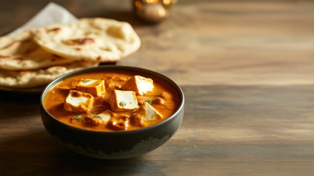Paneer Butter Masala with Naan on Rustic Background with Large Copy Space for Indian Restaurant Menu Design
