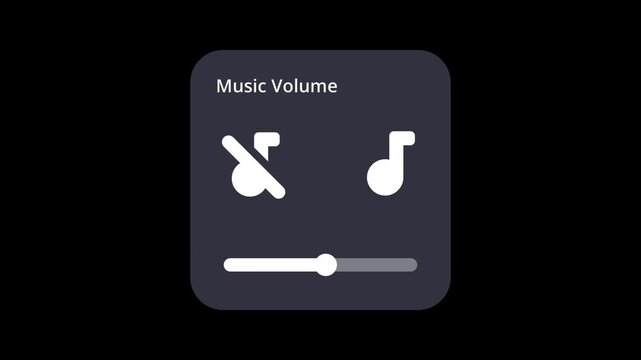 A dark music volume control UI widget displaying two musical note icons and a horizontal slider bar to adjust volume level between minimum and maximum
