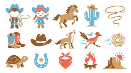 Obraz premium Wild West Cowboy Icons: Horse, Cactus, Lasso, Boots, Turtle, Coyote, Bird, Fire, Sun
