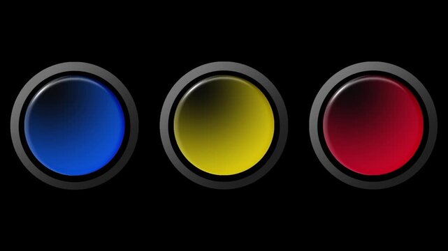 A dark UI panel showing three colorful circular button icons in blue yellow and red arranged horizontally representing color picker or selection controls