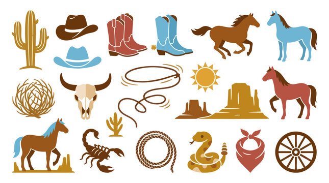 Western Cowboy Icons Set Flat Style - Horse, Cactus, Boots, Hat, Rodeo