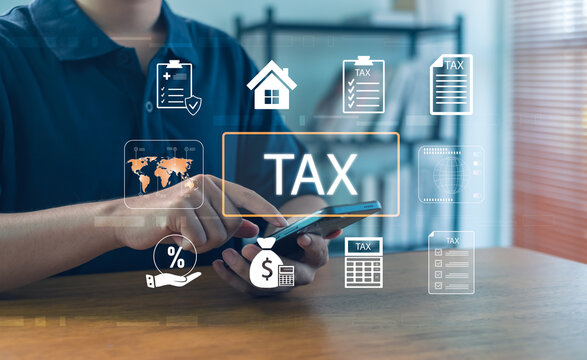 Online tax management concept with person using smartphone, digital tax icons, financial data, accounting, compliance, e filing, global business taxation for modern fintech and smart finance solutions