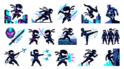 Fototapeta premium Ninja Action Flat Vector Icons - Martial Arts Stealth