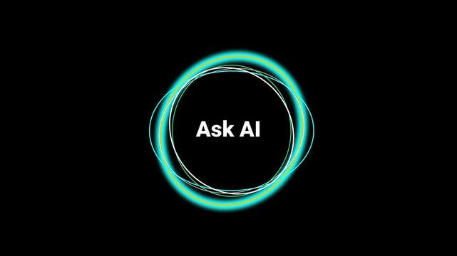 A dark interface showing a glowing circular Ask AI button with a teal ring outline on a black background representing an artificial intelligence assistant trigger
