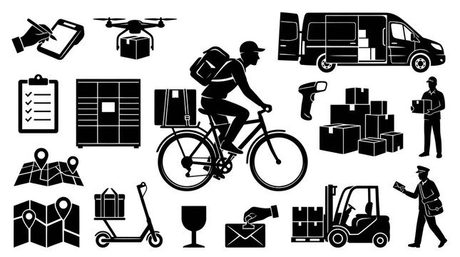 E-commerce Logistics Delivery Icons Set. Shipping and Parcel Transportation Black Glyphs.