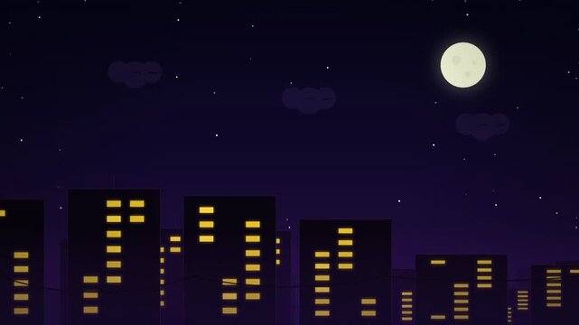 Animated Night City Skyline with Moon and Flickering Lights