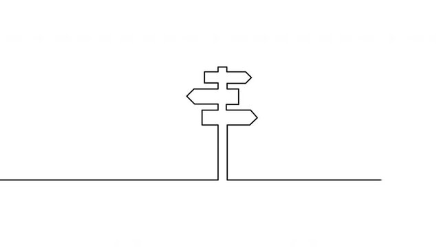 Continuous one line animation of a direction signpost with multiple arrows representing choice, decision making, and life direction. Minimalist outline style, alpha channel, 4K, horizontal