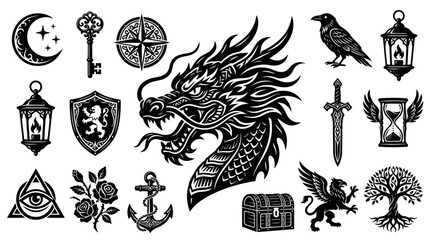Obraz premium Fantasy Magic Medieval Black White Line Art Icons Set - Mystical and Mythological Symbols