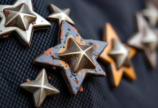 Close-up of worn, distressed star-shaped metal studs on dark fabric, aged, texture