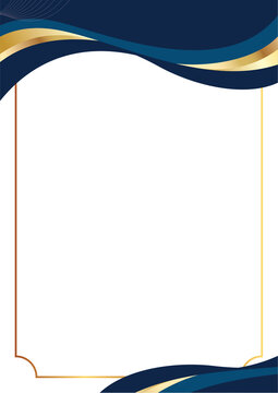 Elegant gold frame with navy blue and gold wave design on white background for luxury template