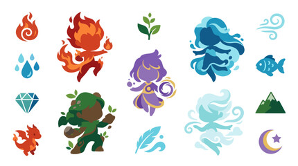 Obraz premium Elemental Characters: Fire, Water, Earth, Air, Magic - Flat Vector Icons