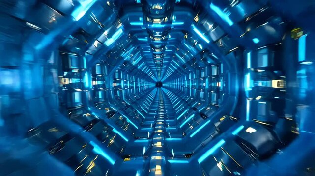 Blue abstract tunnel radial perspective futuristic corridor glowing light geometric pattern digital background symmetrical sci fi style neon glow metallic interior tunnel view