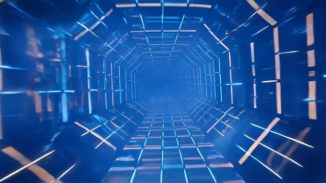 Abstract futuristic blue light tunnel geometric grid corridor glowing line perspective view digital background, neon sci fi interior with mysterious fog and sleek digital path