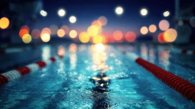 Swimming pool with blurred lights and water surface abstract background
