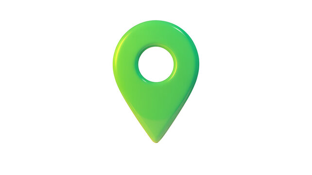 3d render of a green location pin icon, map marker symbol for navigation and travel, digital illustration of a glossy pointer isolated on transparent background