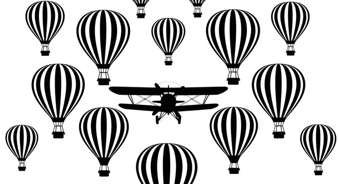 Hot air balloons and a vintage biplane airplane fly through the sky.