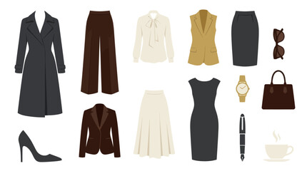 Fototapeta premium Flat Design Business Fashion Wardrobe and Accessories for Professional Women Vector