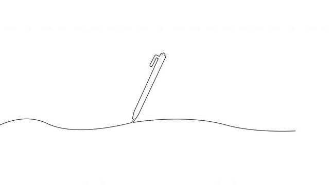 Continuous one line animation of a pen on a flowing line representing writing and creativity. Minimalist outline style with alpha channel, transparent background, 4K, horizontal