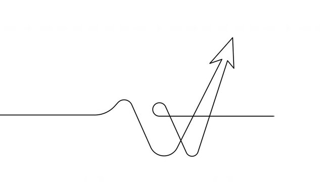 Continuous one line animation of an upward arrow symbolizing growth and progress. Minimalist outline style with alpha channel, transparent background, clean motion, 4K, horizontal