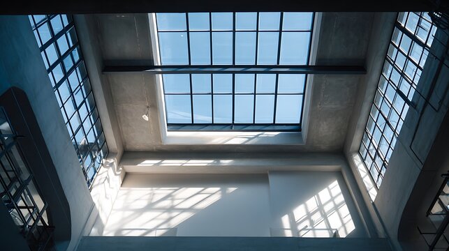 Low angle view of industrial building interior with skylight and metal frame windows.