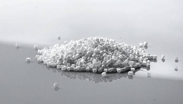 Pile of white granules on reflective surface
