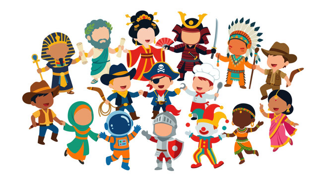 Flat Cartoon Kids in Diverse Cultural  Historical Costumes: Education, History  Role-play Vector