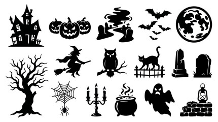 Obraz premium Halloween Silhouettes: Spooky Icons - Black White Vector Art