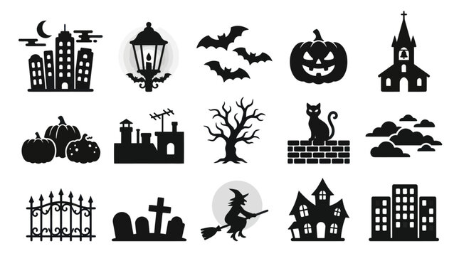 Halloween Icons: Spooky Black Silhouettes for Holiday Design