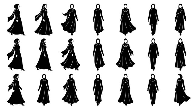 Modest Fashion Silhouette Glyphs: Muslim Women in Various Hijab  Abaya Styles Vector Set