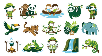 Obraz premium Jungle Adventure Flat Vector Illustrations with Safari Animals and Explorer Kids