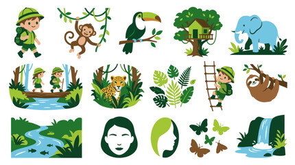 Obraz premium Flat Vector Cartoon Jungle Animals and Kids Exploring Tropical Forest