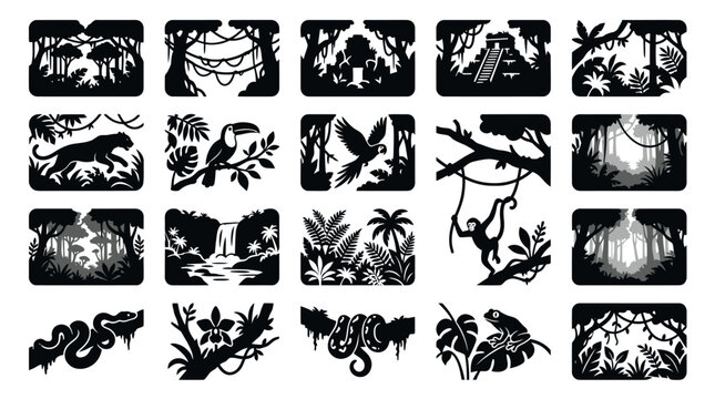 Jungle Tropical Forest Nature Wildlife Black White Silhouette Vector Icons Set