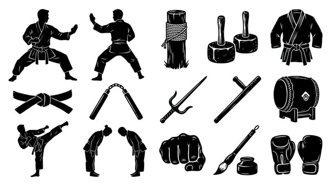 Black and White Martial Arts Icons and Silhouettes