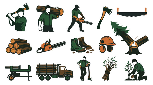 Logging and Forestry Vector Icons Set with Lumberjacks, Tools, and Timber Elements