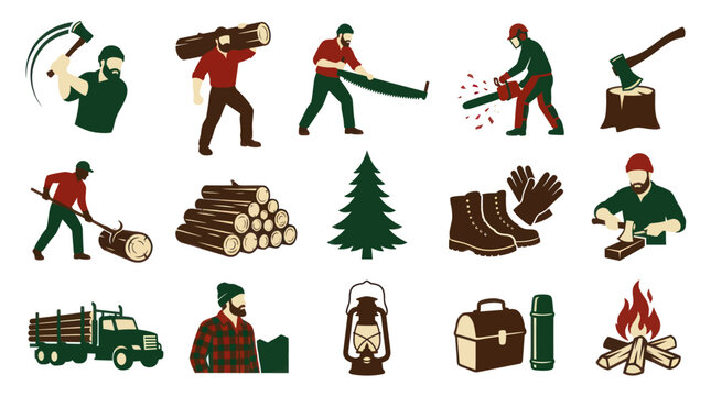 Flat Vector Lumberjack  Logging Industry Icons Set - Forestry Workers, Tools  Equipment