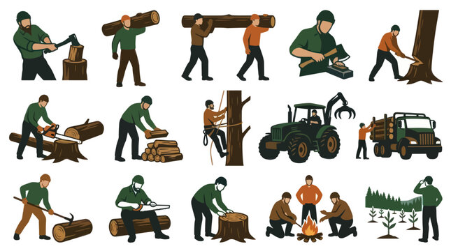 Logging and Forestry Flat Vector Illustration Set: Loggers, Wood, and Tree Processing