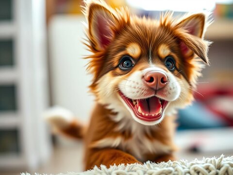 Furry friend's mischievous grin and wagging tail, corgi, curious