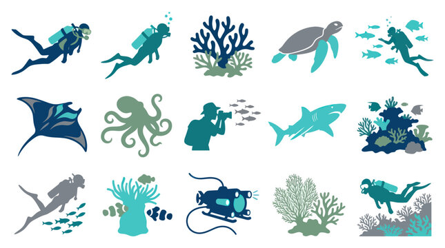 Flat Graphic Underwater Diving  Marine Life Icons Set for Ocean Exploration
